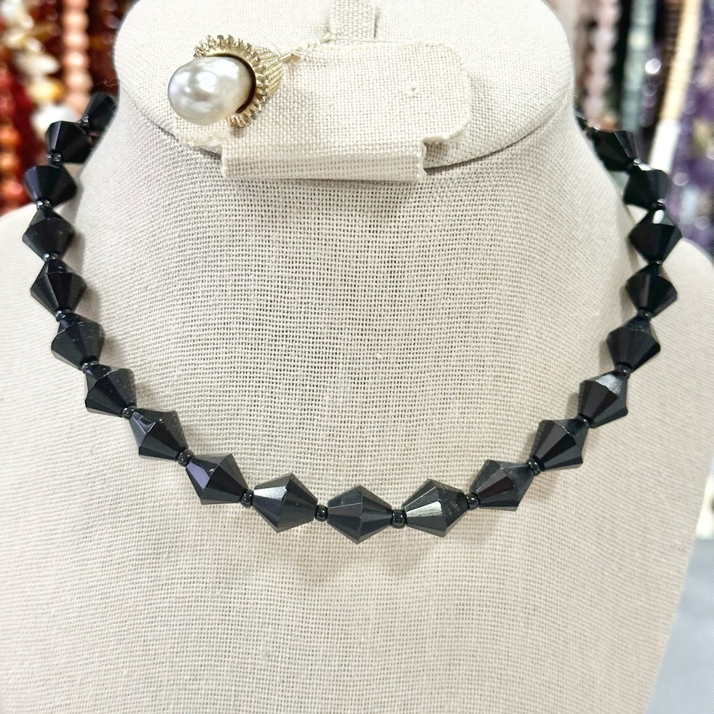 Vintage Black Jet Glass Necklace Goth Morning Beaded Choker Single strand